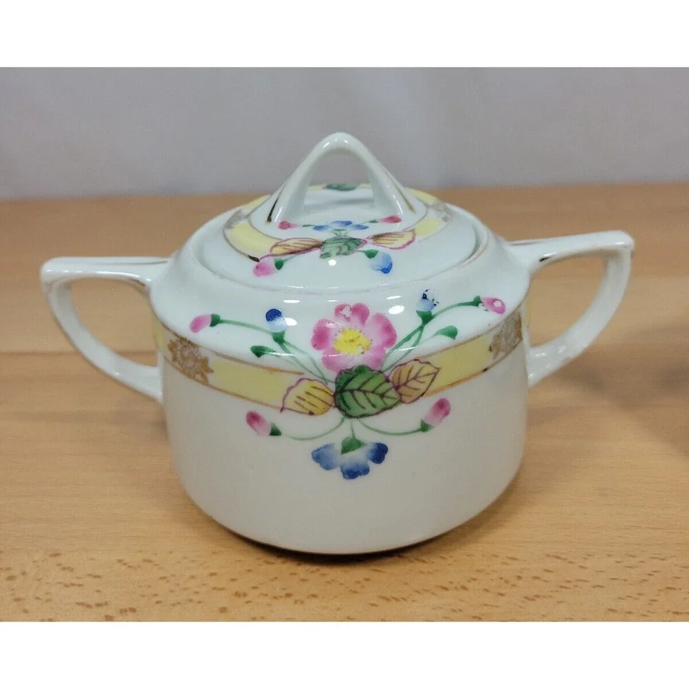 Vintage Nippon Japan Hand Painted Creamer and Sugar with Lid Roses Floral Flower